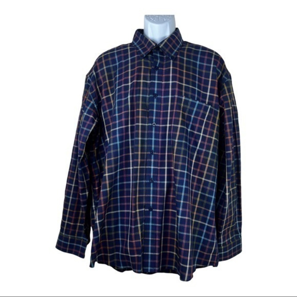 Alan Flusser Men Casual Shirt Plaid Blue Orange Sz XL